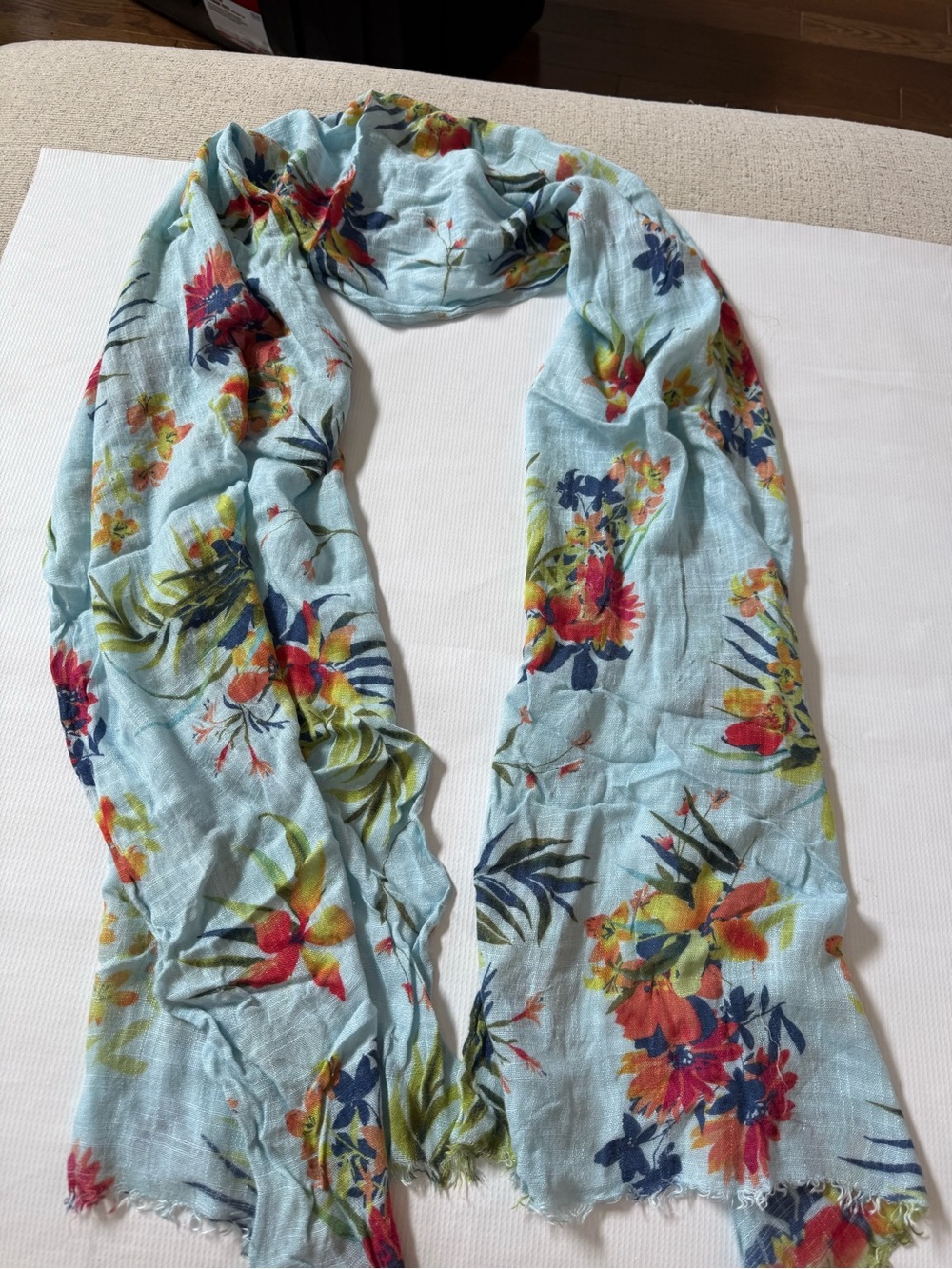 Talbots Soft Viscose Light Blue Floral Cotton-Blend Scarf
